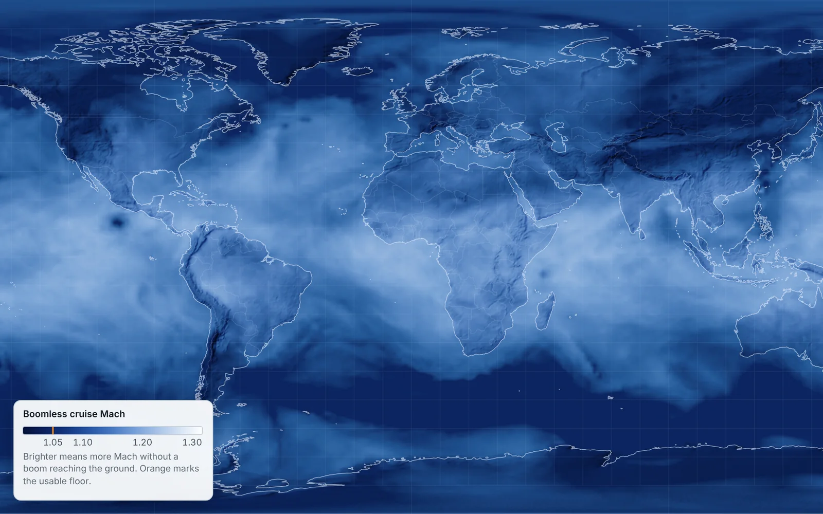 Mach de crucero sin estampido a 55,000 pies en cualquier dirección, 23 oct 2026 (GFS + ECMWF). Más claro = más rápido sin boom.
